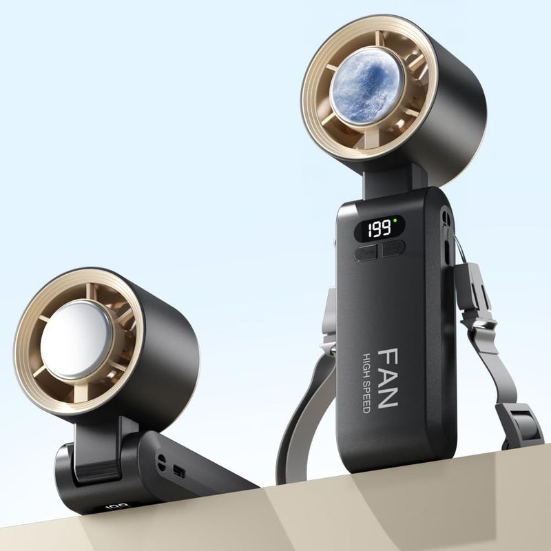 Kimguard Handheld Portable Turbo Fan with Ice Cooler, Speed (1-199) 5500mAh Rechargeable Personal Fan,[20H Cooling Time] Mini Yet Powerful [20000 RPM] Small Pocket Fans for Travel/Outdoor/Office, Gold Black - Image 1
