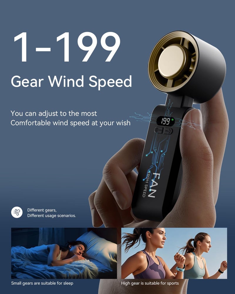 Kimguard Handheld Portable Turbo Fan with Ice Cooler, Speed (1-199) 5500mAh Rechargeable Personal Fan,[20H Cooling Time] Mini Yet Powerful [20000 RPM] Small Pocket Fans for Travel/Outdoor/Office, Gold Black - Image 4
