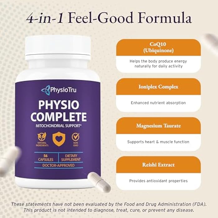 PhysioTru Physio Complete CoQ10 Supplement - Superior Nutrient Absorption, Antioxidant & Energy Support - Coenzyme Q10 Ubiquinone with Fulvic Acid, Magnesium Taurate & Reishi Extract - 1 Pack - Image 4