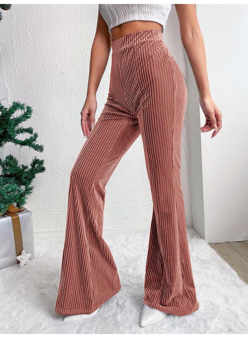 general Women's Solid Color High Waist Slim Small Bell Bottoms Corduroy Casual Pants - Image 2