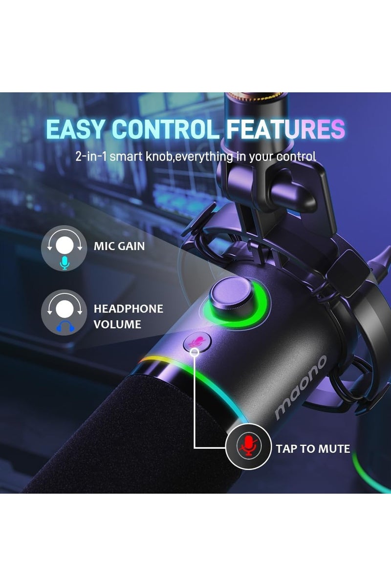 ماونو ميكروفون MAONO PD200X الديناميكي بمدخل USB/XLR للبودكاست والبث والألعاب وتسجيل الصوت – ميكروفون كاريويد مع إضاءة RGB، تحكم في الكسب، زر كتم ومراقبة عبر السماعة – أسود - Image 5