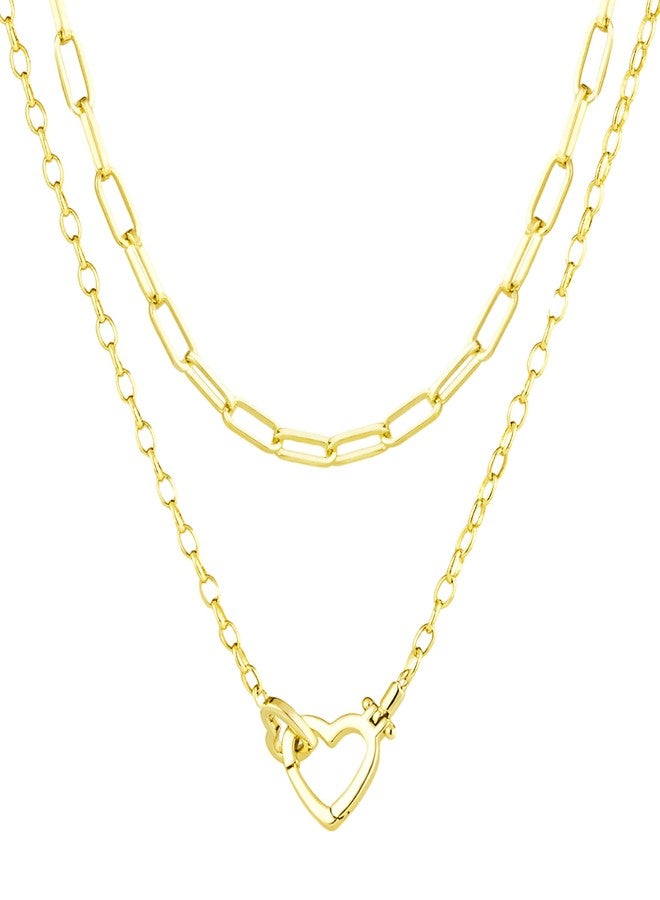 Poxtex Cute Dainty Double Heart Necklace for Women,14k Gold Plated Layered Small Love Open Heart Link Chain Necklace,Stacked Tiny Paperclip Pendant Choker Jewelry Set Gifts - Image 1