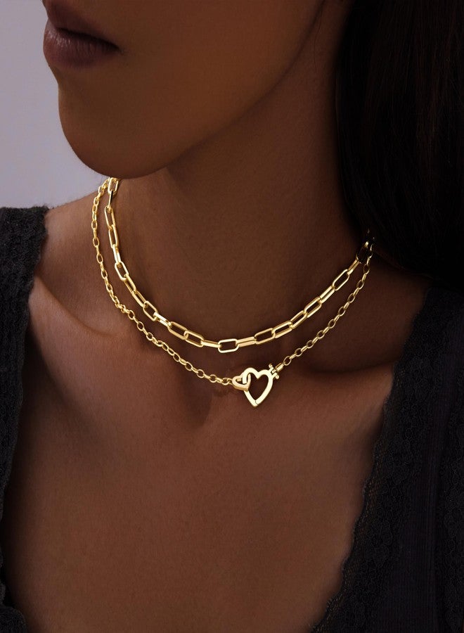 Poxtex Cute Dainty Double Heart Necklace for Women,14k Gold Plated Layered Small Love Open Heart Link Chain Necklace,Stacked Tiny Paperclip Pendant Choker Jewelry Set Gifts - Image 3