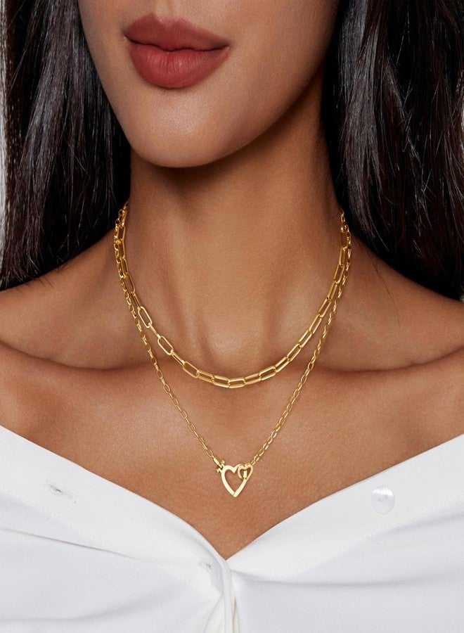 Poxtex Cute Dainty Double Heart Necklace for Women,14k Gold Plated Layered Small Love Open Heart Link Chain Necklace,Stacked Tiny Paperclip Pendant Choker Jewelry Set Gifts - Image 2