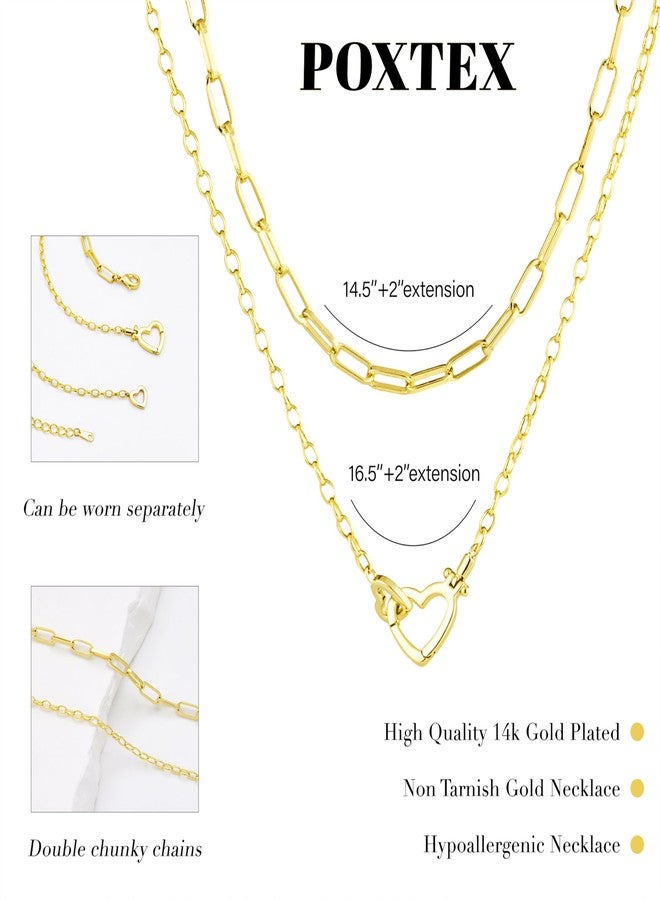 Poxtex Cute Dainty Double Heart Necklace for Women,14k Gold Plated Layered Small Love Open Heart Link Chain Necklace,Stacked Tiny Paperclip Pendant Choker Jewelry Set Gifts - Image 5