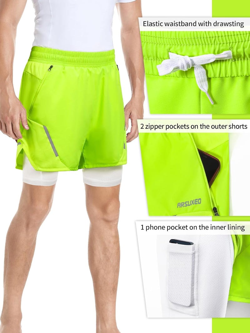 ARSUXEO Men's 2 in 1 Active Running Shorts with Phone Pocket - Neon Green - Image 4