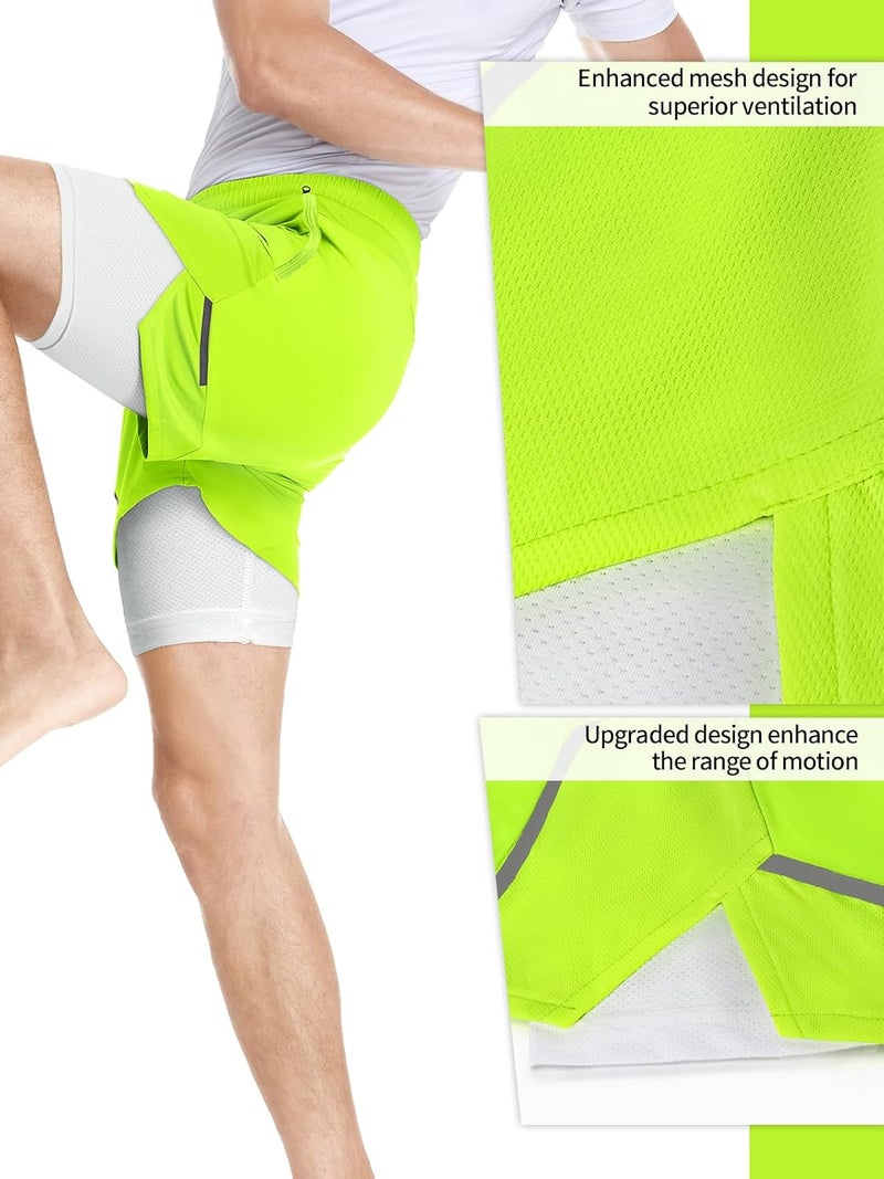 ARSUXEO Men's 2 in 1 Active Running Shorts with Phone Pocket - Neon Green - Image 3