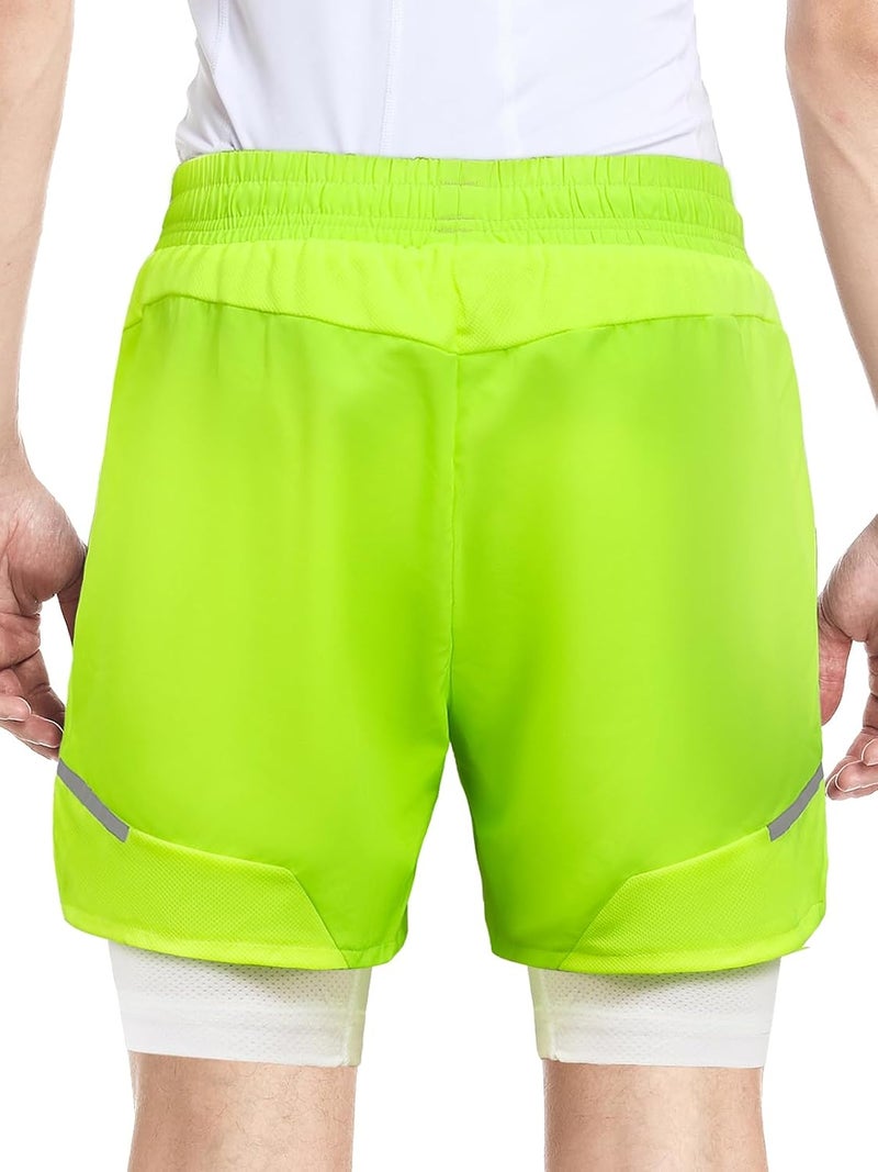 ARSUXEO Men's 2 in 1 Active Running Shorts with Phone Pocket - Neon Green - Image 2