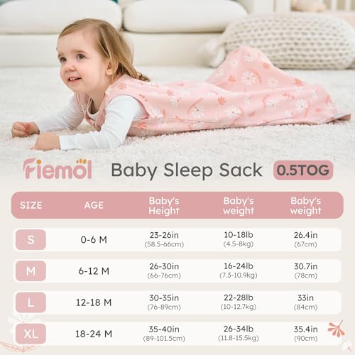 FIEMOL Baby Sleep Sack 6-12 months, 100% Cotton Sleeping Sack for Newborn and Infant, 3 Pack Baby Wearable Blanket for Boy and Girl, 0.5 Tog Lightweight Double Zipper Sleep Bag Pink Orange Flower - Image 4