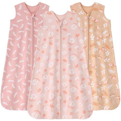 FIEMOL Baby Sleep Sack 6-12 months, 100% Cotton Sleeping Sack for Newborn and Infant, 3 Pack Baby Wearable Blanket for Boy and Girl, 0.5 Tog Lightweight Double Zipper Sleep Bag Pink Orange Flower - Image 1