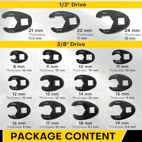 Acymner Crowfoot Flare Nut Wrench Set | 15PCS Metric Crows Foot Wrench Kit for 3/8in and 1/2in Drive Ratchet 8mm to 24mm - Image 2