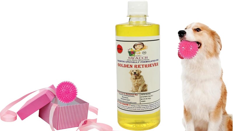 swacch Shampoo | Puppy Safe Shampoo | PH Balanced | Ditch to Itch for Golden Retriever Shampoo 500ml (Lemon) + Spike Ball Chew Toy Combo Pack - Image 1