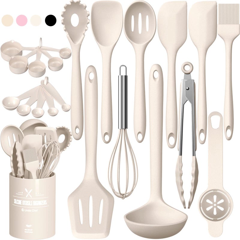Umite Chef Silicone Kitchen Cooking Utensils Set, Umite Chef 22Pcs Heat Resistant Kitchen Utensils, Spatula, Spoon, Whisk, Dishwasher Safe Kitchen Utensil Gadgets Tools Set for Nonstick Cookware(Khaki) - Image 1