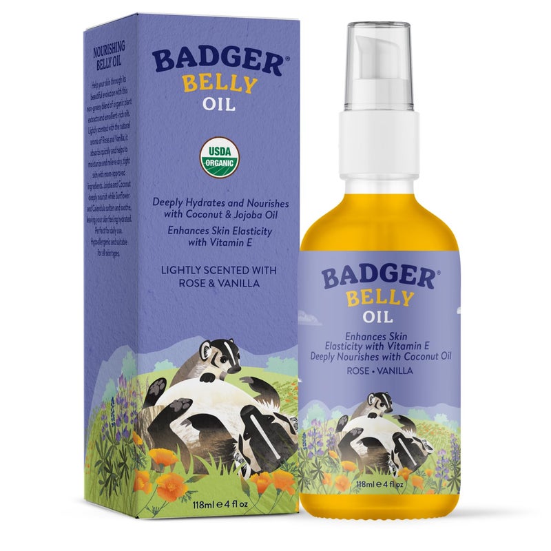 Badger بادجر - زيت بطن الحامل، روز وفانيليا، عضوي معتمد، لطيف ومهدئ، زيت جوجوبا وجوز الهند، زيت للبطن للبشرة الممدودة أثناء وبعد الحمل، 4 أونصة سائلة - Image 3