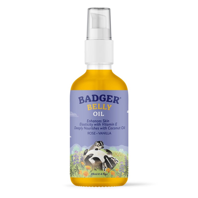 Badger بادجر - زيت بطن الحامل، روز وفانيليا، عضوي معتمد، لطيف ومهدئ، زيت جوجوبا وجوز الهند، زيت للبطن للبشرة الممدودة أثناء وبعد الحمل، 4 أونصة سائلة - Image 1