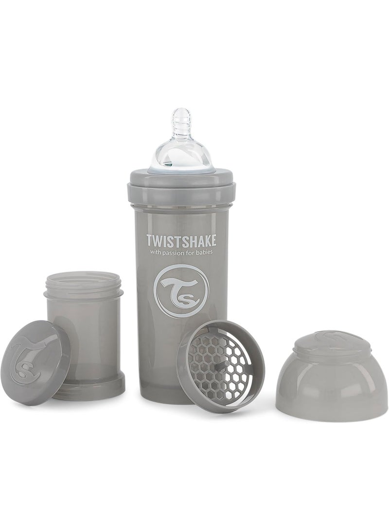 Twistshake Anti-Colic Baby Bottle with Milk Powder Container and Mixer - 260ml | Medium Flow Silicone Breast-Like Nipple | BPA- Free | Suitable for 2+ Month | Grey - Image 1