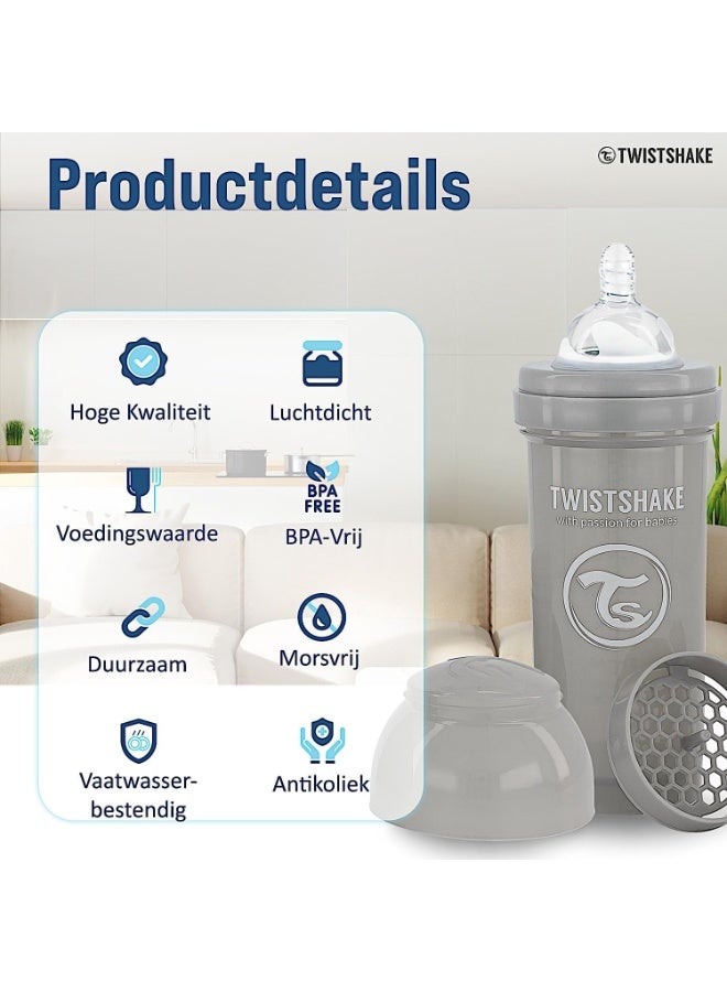 Twistshake Anti-Colic Baby Bottle with Milk Powder Container and Mixer - 260ml | Medium Flow Silicone Breast-Like Nipple | BPA- Free | Suitable for 2+ Month | Grey - Image 5