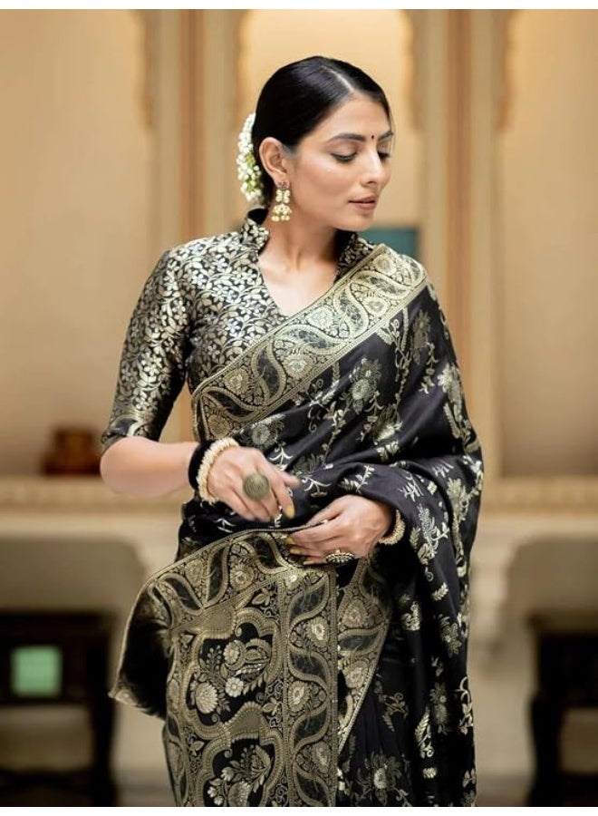 Yashika Women’s Woven Banarasi Art Silk Floral Saree with Decorative Border and Pallu, Traditional Ethnic Wear|Black - Image 3