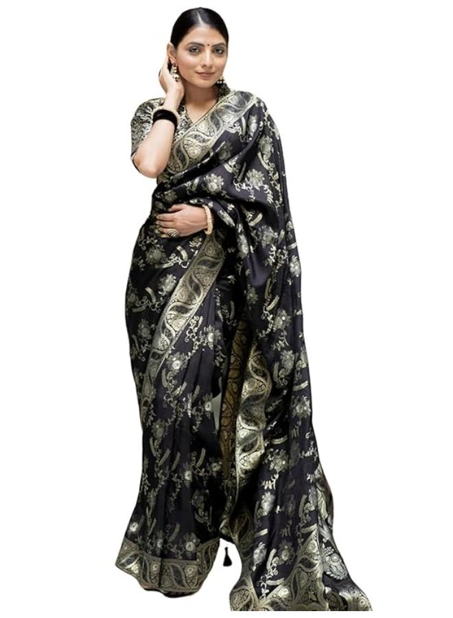 Yashika Women’s Woven Banarasi Art Silk Floral Saree with Decorative Border and Pallu, Traditional Ethnic Wear|Black - Image 1