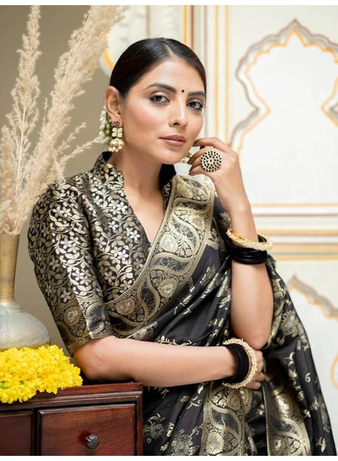 Yashika Women’s Woven Banarasi Art Silk Floral Saree with Decorative Border and Pallu, Traditional Ethnic Wear|Black - Image 4