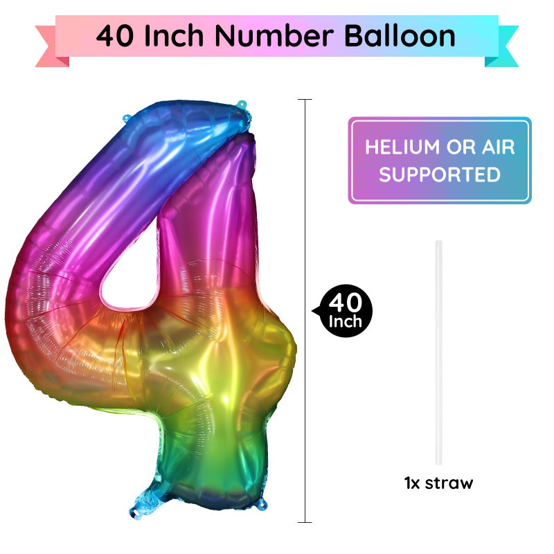 PatiCool 40 Inch Rainbow Number Balloon 4, Large Number Foil Balloons Mylar for Girl Boy Birthday Party Celebration Decorations Supplies, Digital Balloons for Wedding Anniversary Events Decorations - Image 2