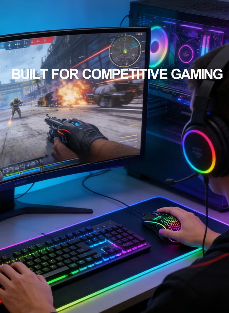ماوس ألعاب سلكي، إضاءة خلفية RGB، تصميم قرص العسل، 7200 DPI قابل للتعديل، ماوس كمبيوتر مريح خفيف الوزن، مستشعر عالي الدقة لألعاب الكمبيوتر والماك الإلكترونية، أسود - Image 3