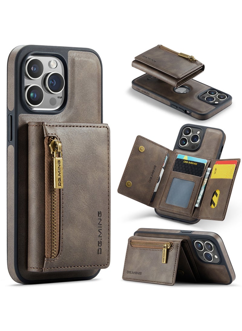 DGMING CaseMe Wallet Case for iPhone 14 Pro DGMING Premium Leather Phone Case Back Cover Magnetic Detachable with Trifold Wallet Card Holder Pocket - Coffee - Image 1