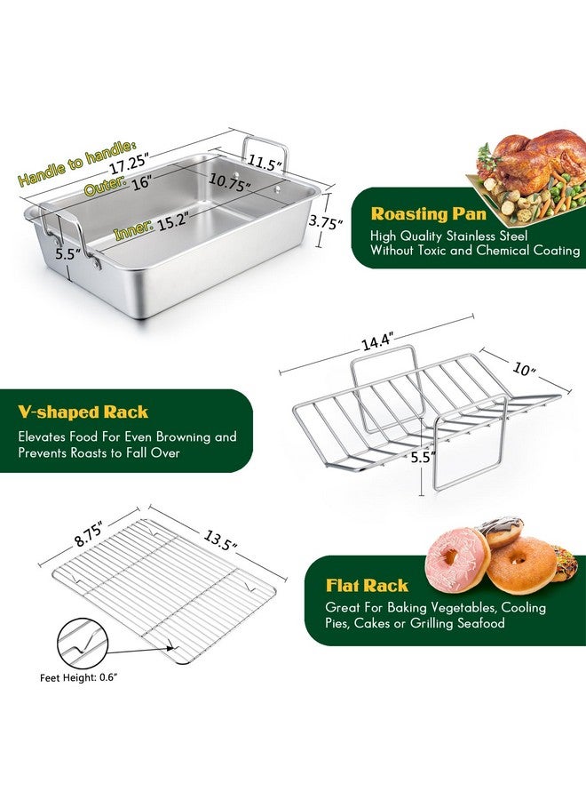 E-far Roasting Pan, 16 x 11.5 Inch Stainless Steel Turkey Roaster with V-shaped & Flat Rack, Non-toxic & Heavy Duty Deep Broiling Pan, Dishwasher Safe - Large - Image 2