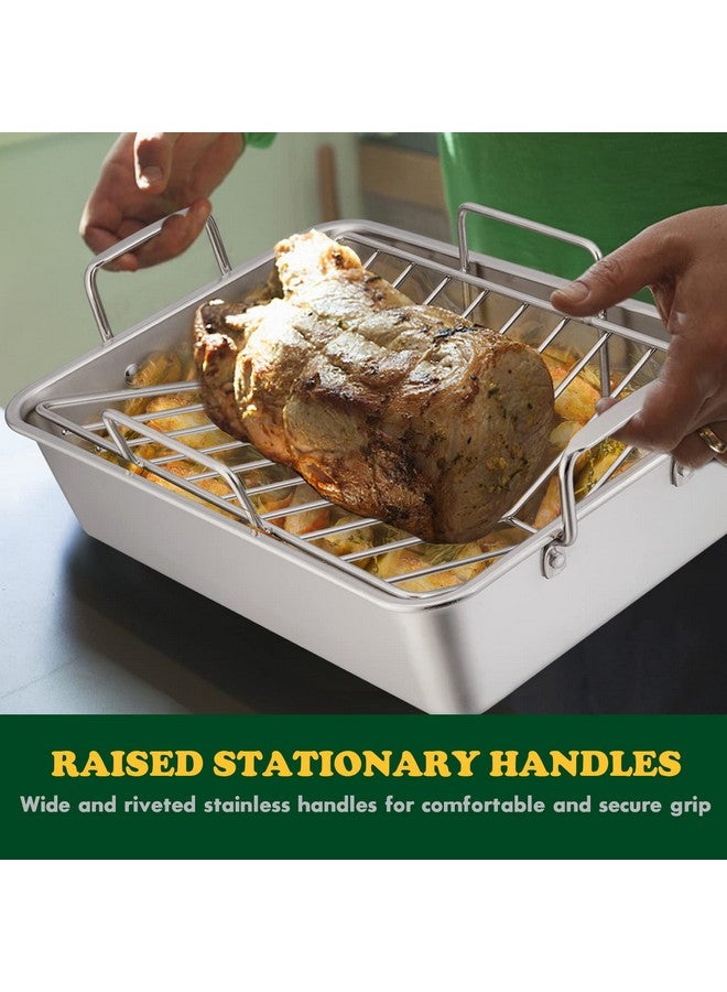 E-far Roasting Pan, 16 x 11.5 Inch Stainless Steel Turkey Roaster with V-shaped & Flat Rack, Non-toxic & Heavy Duty Deep Broiling Pan, Dishwasher Safe - Large - Image 5