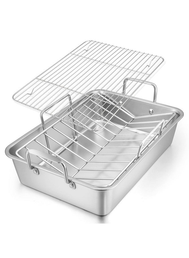 E-far Roasting Pan, 16 x 11.5 Inch Stainless Steel Turkey Roaster with V-shaped & Flat Rack, Non-toxic & Heavy Duty Deep Broiling Pan, Dishwasher Safe - Large - Image 1
