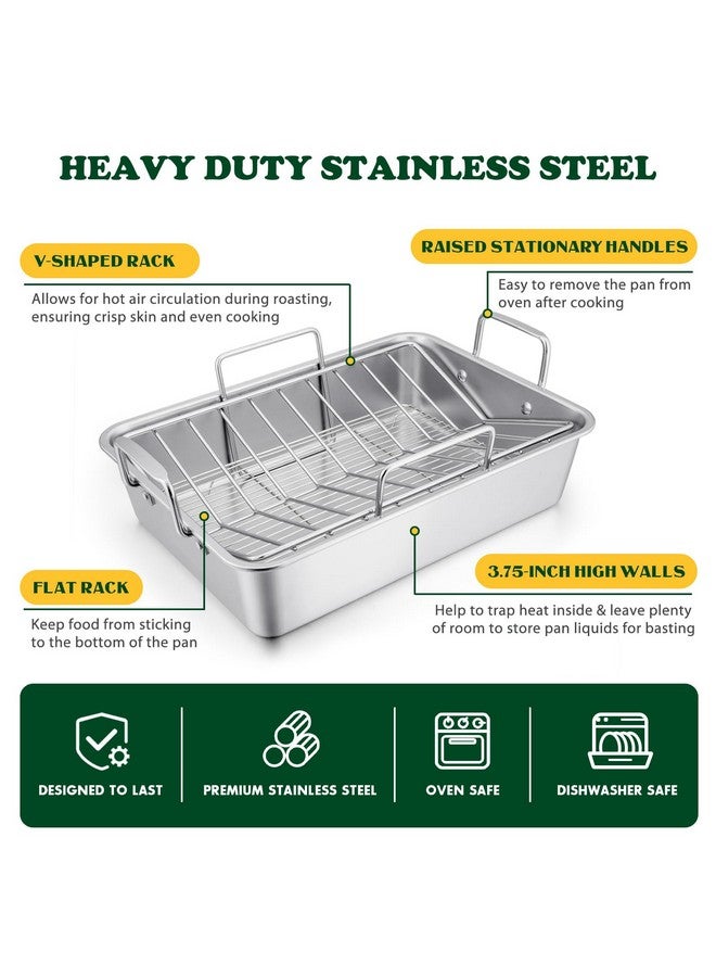 E-far Roasting Pan, 16 x 11.5 Inch Stainless Steel Turkey Roaster with V-shaped & Flat Rack, Non-toxic & Heavy Duty Deep Broiling Pan, Dishwasher Safe - Large - Image 3