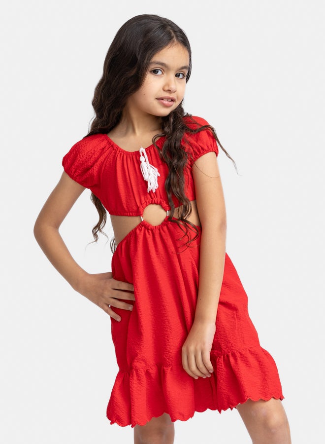 فستان أحمر نصف كم للبنات