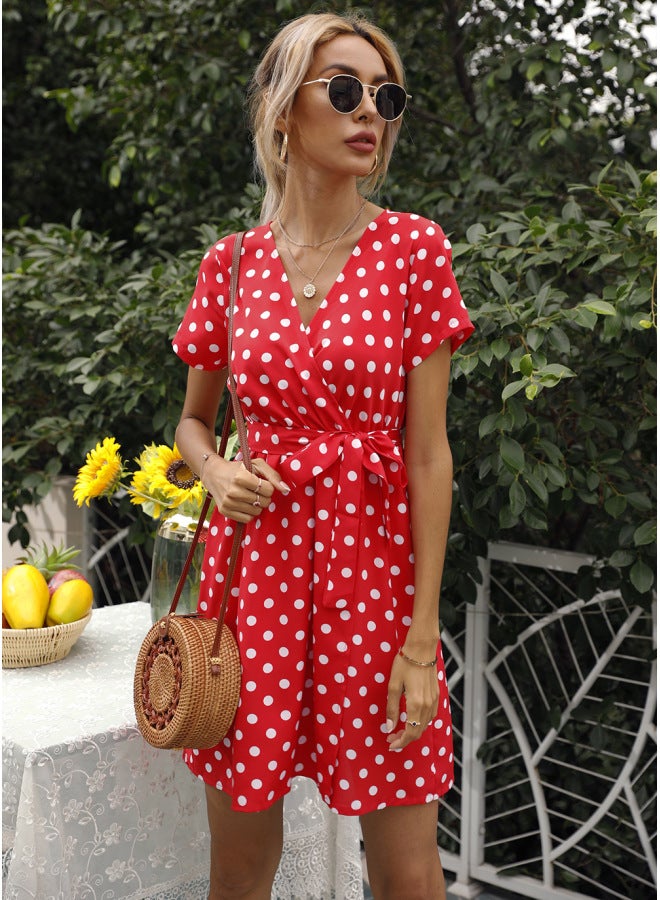 Women's Clothing European Station European And American Summer Polka Dot V-neck Short Sleeve Dress