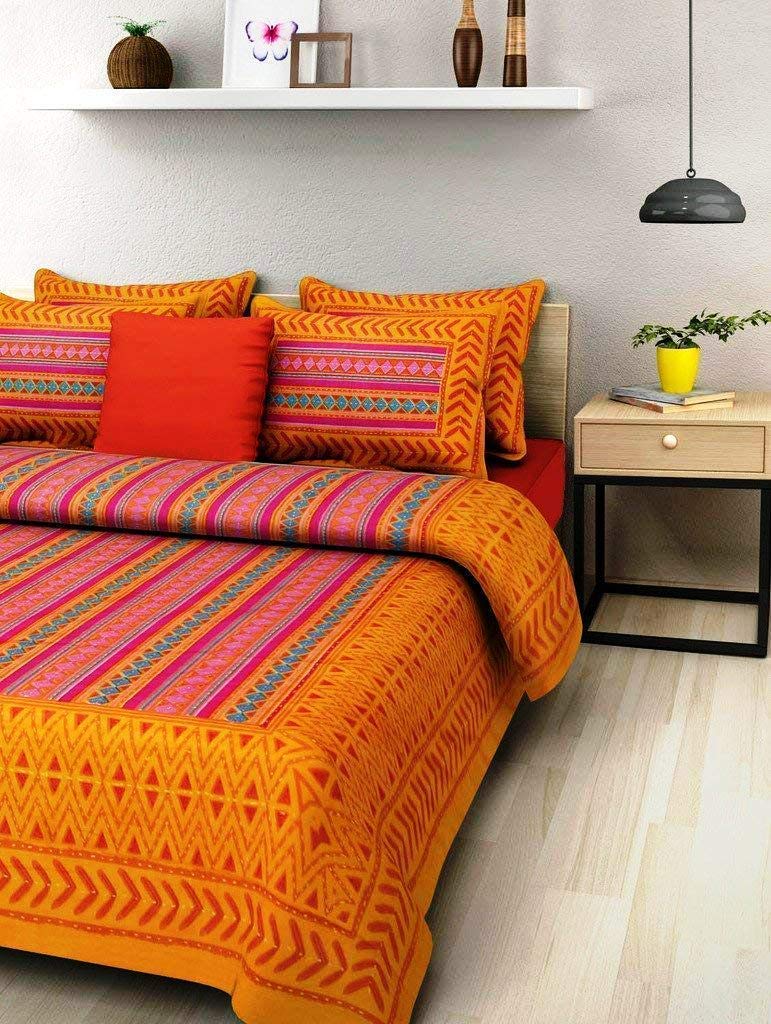 BedZone 100% Cotton Rajasthani Jaipuri Traditional Floral King Size Double Bedsheet with 2 Pillow Covers - Multicolor (Double) - Image 1