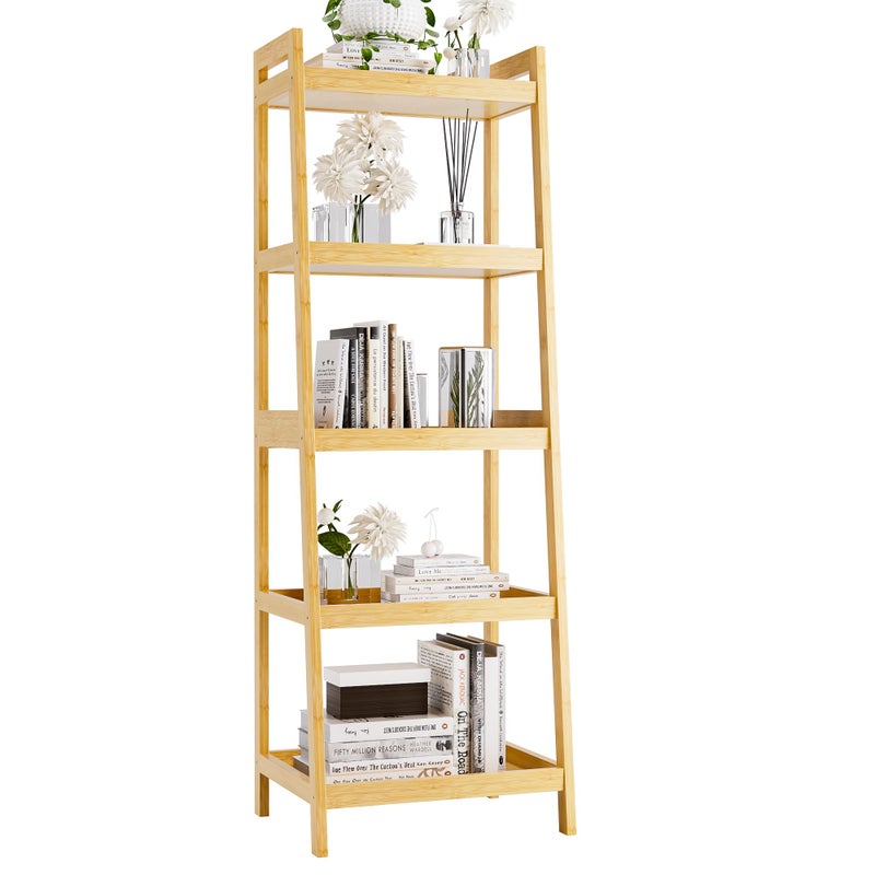 vovala Bookshelf, 5 Tier Ladder Bookcase with Bamboo Frame, Freestanding Tall Narrow Display Plant Shelf for Living Room, Kitchen, Bedroom, Balcony, Natural - Image 1