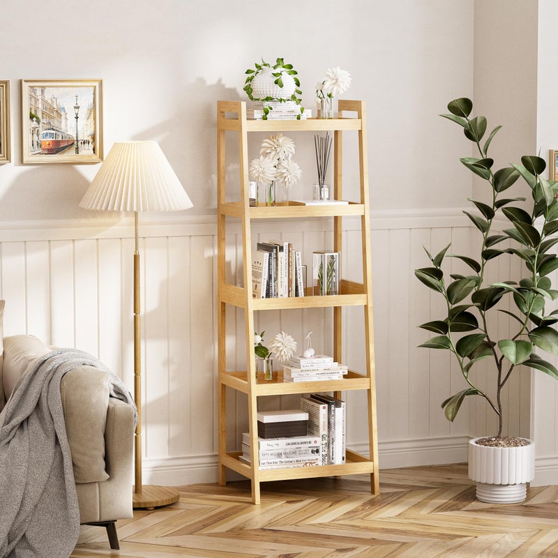 vovala Bookshelf, 5 Tier Ladder Bookcase with Bamboo Frame, Freestanding Tall Narrow Display Plant Shelf for Living Room, Kitchen, Bedroom, Balcony, Natural - Image 2
