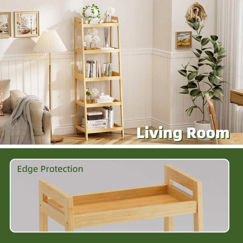 vovala Bookshelf, 5 Tier Ladder Bookcase with Bamboo Frame, Freestanding Tall Narrow Display Plant Shelf for Living Room, Kitchen, Bedroom, Balcony, Natural - Image 5