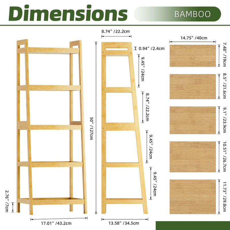 vovala Bookshelf, 5 Tier Ladder Bookcase with Bamboo Frame, Freestanding Tall Narrow Display Plant Shelf for Living Room, Kitchen, Bedroom, Balcony, Natural - Image 4
