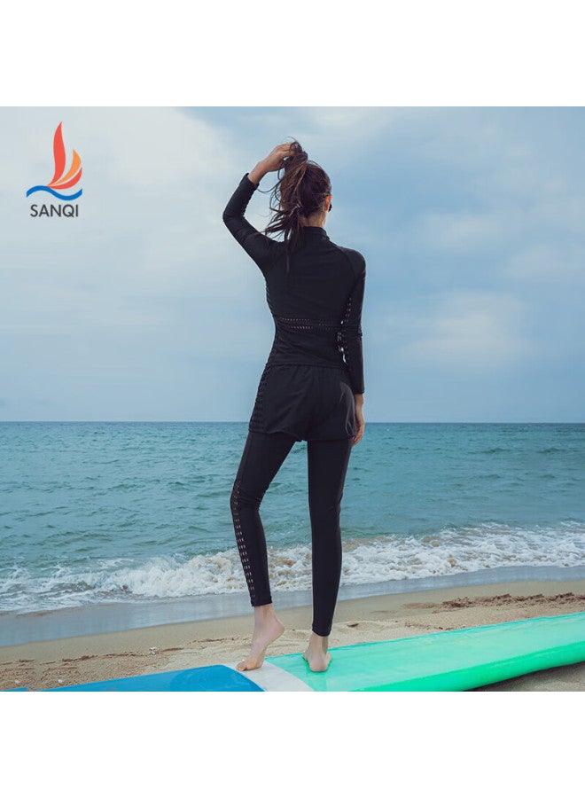 Sanqi Women's Two-piece Swimsuit, Conservative Long-sleeve Top And Long Pants, Three-piece Set, Diving Suit, Swimwear, 21007 Black, M Size - Image 3
