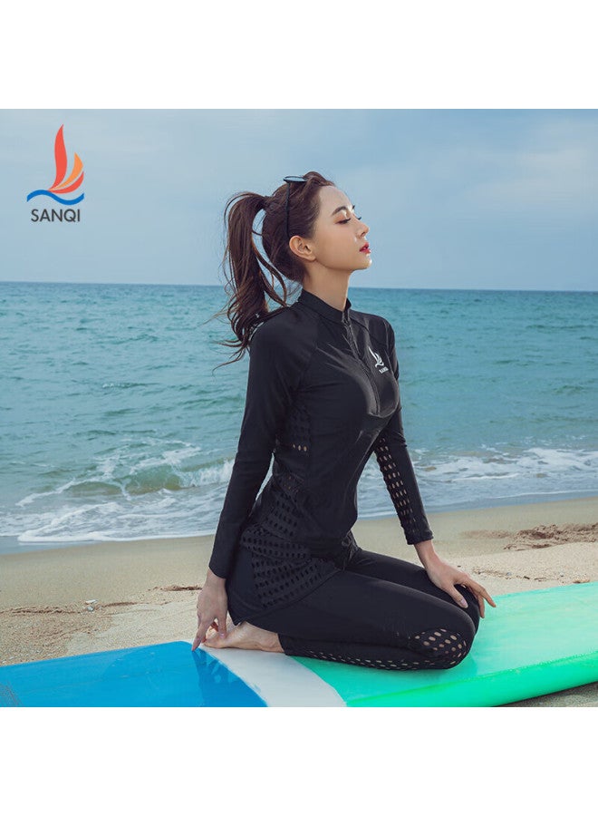 Sanqi Women's Two-piece Swimsuit, Conservative Long-sleeve Top And Long Pants, Three-piece Set, Diving Suit, Swimwear, 21007 Black, M Size - Image 5