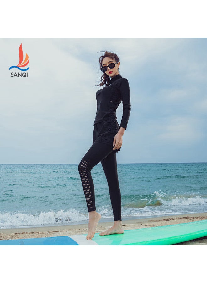 Sanqi Women's Two-piece Swimsuit, Conservative Long-sleeve Top And Long Pants, Three-piece Set, Diving Suit, Swimwear, 21007 Black, M Size - Image 4