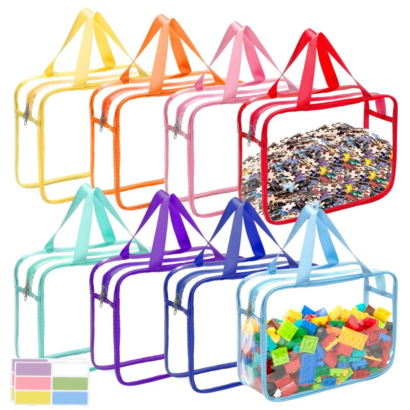 Mhtdet 8 Packs 8 Colors Large Toy Storage Bags with Zipper and Labels, Clear PVC Waterproof Toy Organizers Bags for Board Games, Puzzles Pieces, Building Blocks, Handmade Accessories, Kid Books - Image 1