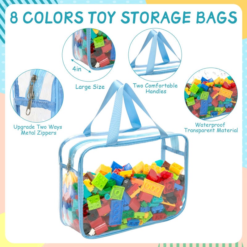 Mhtdet 8 Packs 8 Colors Large Toy Storage Bags with Zipper and Labels, Clear PVC Waterproof Toy Organizers Bags for Board Games, Puzzles Pieces, Building Blocks, Handmade Accessories, Kid Books - Image 2