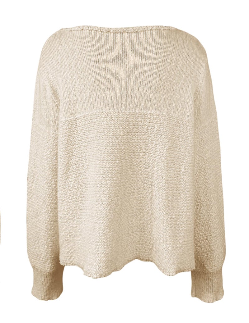 PRETTODAY Women's Crew Neck Knit Sweater Long Sleeve Textured Ribbed Casual Loose Cropped Pullover Tops Apricot - Image 4