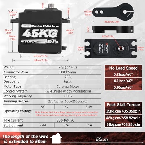 Smraza 45KG Coreless Servo Motor High Torque Steering: Smraza 8.4V Waterproof Servo Digital Stainless Steel Gear Servo for RC 1/10 1/8 1/12 Scale Car Truck Crawler/Robot/Boat with 25T Servo Horn（180°） - Image 5