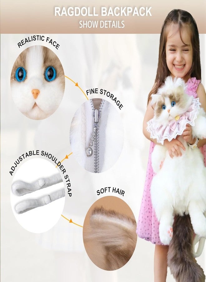 CRAZYABBS Ragdoll Cat Plush Backpack - Fluffy Realistic Stuffed Animal Shoulder Bag with Elegant Lace Bow Collar, Kawaii Kitten Purse for Girls - Image 5