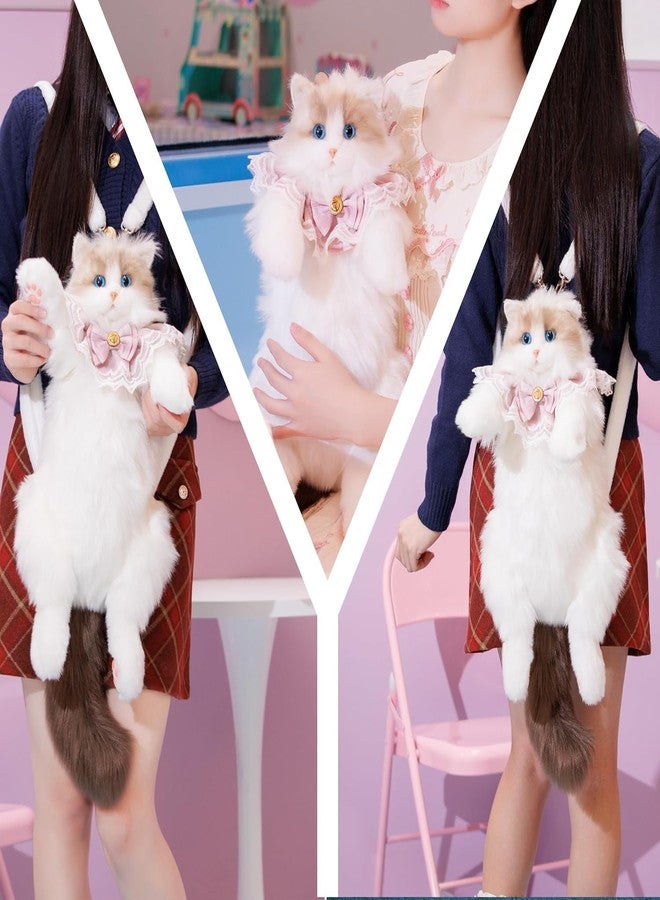 CRAZYABBS Ragdoll Cat Plush Backpack - Fluffy Realistic Stuffed Animal Shoulder Bag with Elegant Lace Bow Collar, Kawaii Kitten Purse for Girls - Image 3