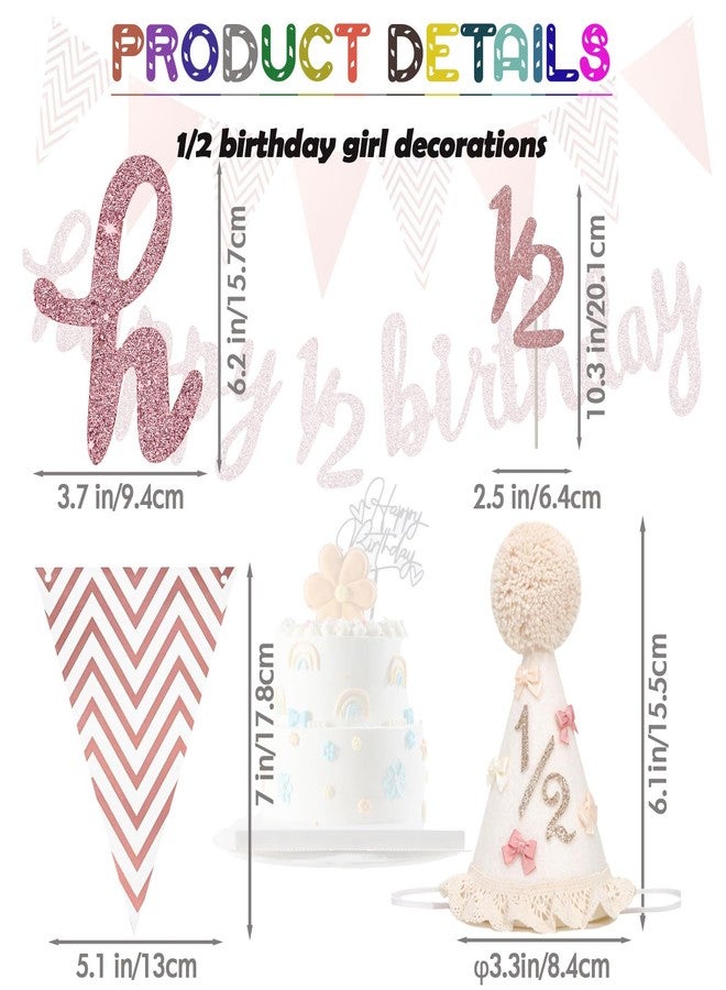 QIOOLEEO Half Birthday Decorations Set for 6 Months Party - Includes Baby Cone Hat, Glitter Cake Topper, Happy 1/2 Birthday Banner, Triangle Flags for Baby Boy Girl Shower Photoshoot - Image 2
