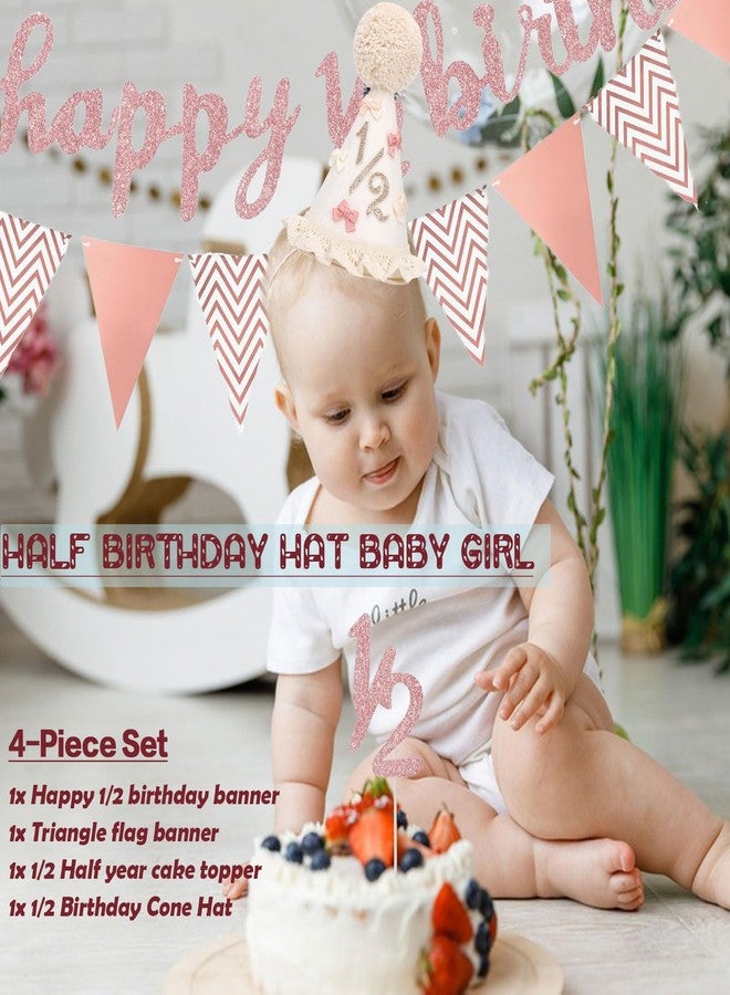 QIOOLEEO Half Birthday Decorations Set for 6 Months Party - Includes Baby Cone Hat, Glitter Cake Topper, Happy 1/2 Birthday Banner, Triangle Flags for Baby Boy Girl Shower Photoshoot - Image 4