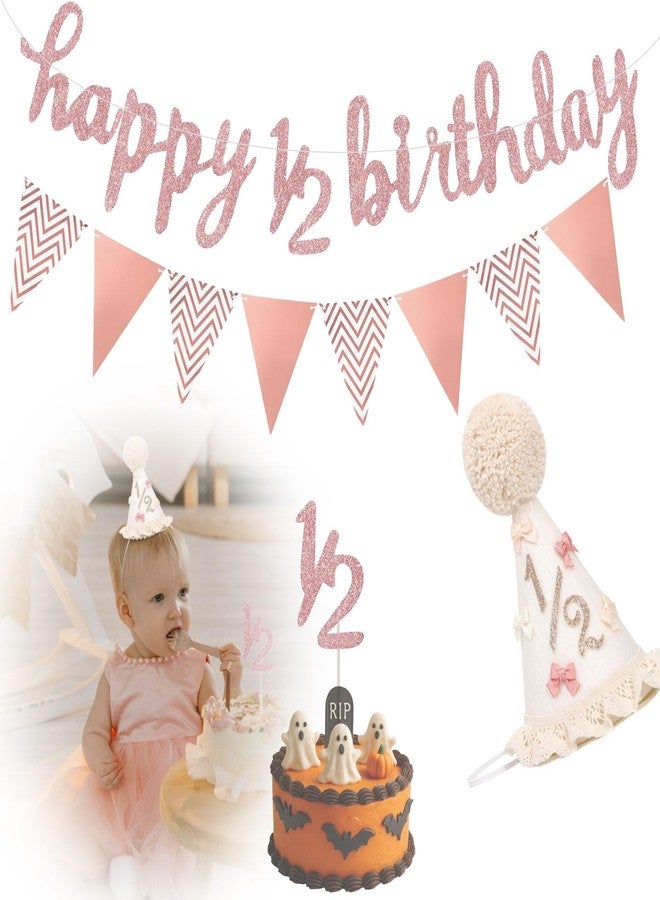 QIOOLEEO Half Birthday Decorations Set for 6 Months Party - Includes Baby Cone Hat, Glitter Cake Topper, Happy 1/2 Birthday Banner, Triangle Flags for Baby Boy Girl Shower Photoshoot - Image 1